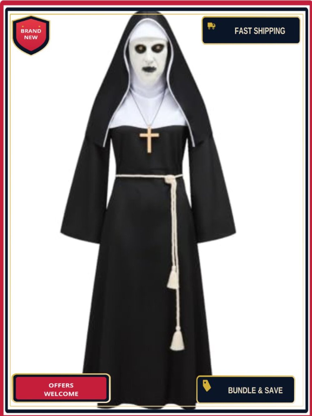 Horror Nun Costume 5-Piece Set with Latex Mask Headpiece Belt Necklace